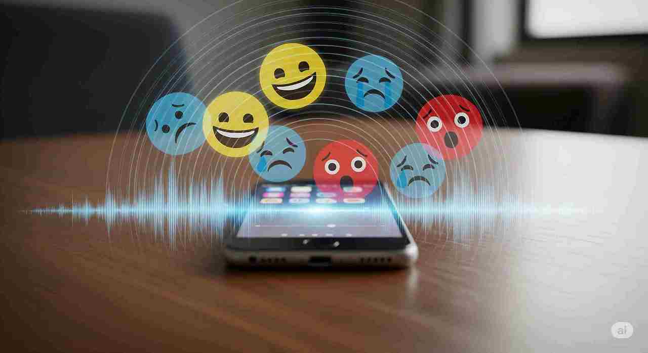 전화기 너머로 퍼져나가는 음파의 잔상  그 속에 다양한 감정 아이콘(기쁨  슬픔  놀람 등)이 희미하게 겹쳐 보이는 이미지.jpg