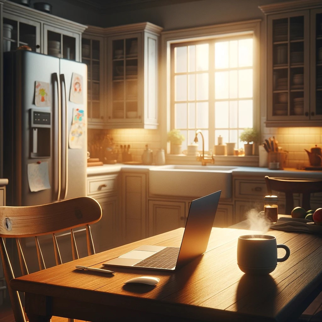 DALL·E 2025-04-15 10.11.31 - A refined and clear early morning kitchen scene with soft golden light streaming through a window. On a wooden table sits a warm cup of coffee and an.jpg