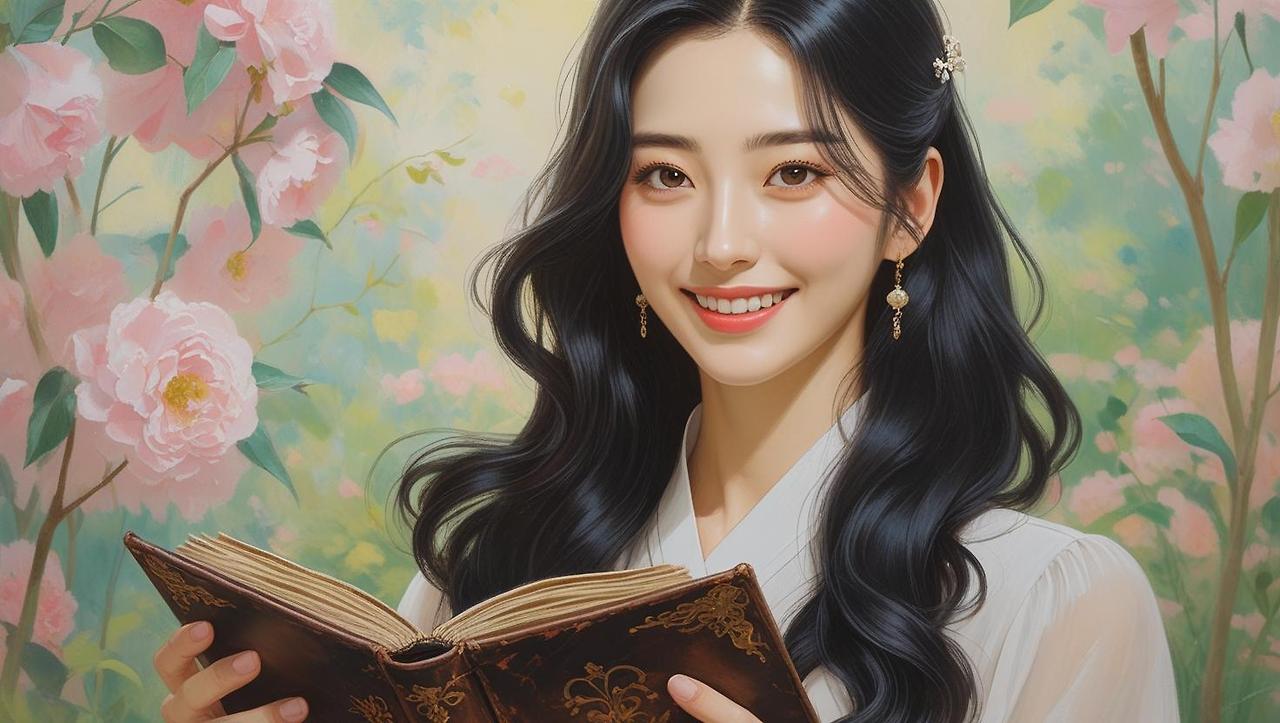 미모의 한국여성 머리가 긴여성이야  손에 다이어리를 들고 환하게 웃고있는 모습 그려줘.jpg