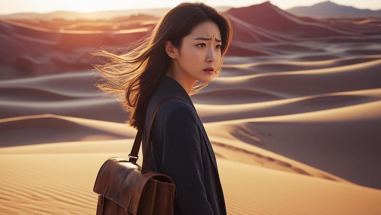 한국미모의 여성이다.끝없이 펼쳐진 사막 한가운데, 한 소녀가 어깨에 가방을 메고 서 있다. 주변엔 아무것도 없고 바람만 불고 있다. 소녀의 얼굴은 살짝 불안하지만, 어딘가를 응시하고 있다..jpg