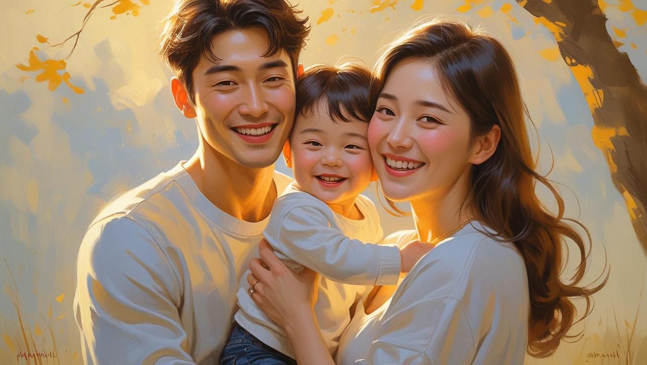한국 부부이고 한아이를 안고있어 환하게 웃는 모습 그려줘.jpg
