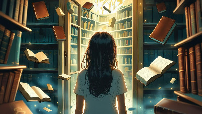 A woman, her expression a blend of surprise and apprehension, gazes into a doorway leading to a dreamlike bookstore.  Soft, ethereal light illuminates the scene; numerous books, pens, and leather-bound diaries floa.jpg