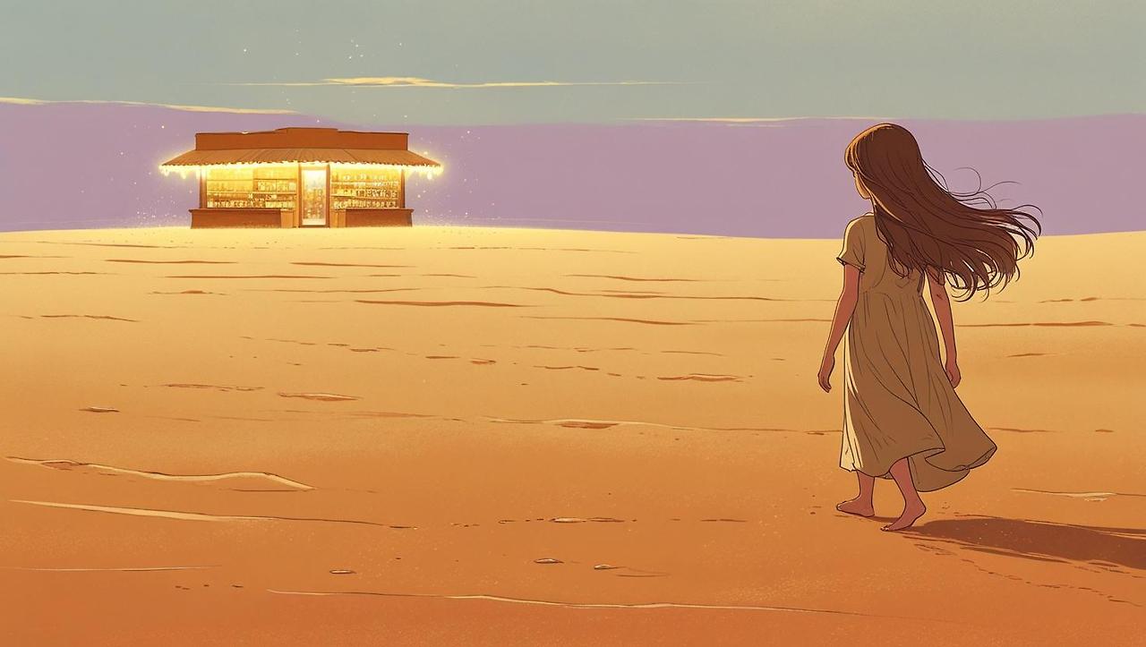 _A girl walking alone in a vast desert, reaching toward a distant glowing shop on the horizon, shimmering heat waves, soft surreal atmosphere, poetic and cinematic illustration style, warm golden tones_.jpg