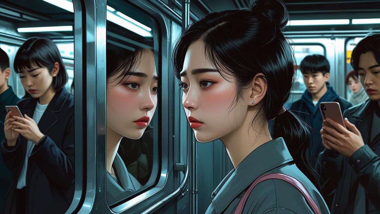 Draw a Korean woman with a melancholic expression, her eyes looking straight ahead, standing in a crowded elevator. The elevator is metallic and dimly lit, with various people of diverse ages and appearances su (1).jpg
