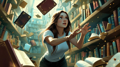 A normal girl with long hair and a white t-shirt, her expression a blend of surprise and apprehension, gazes into a doorway leading to a dreamlike bookstore. Soft, ethereal light illuminates the scene; numerous boo.jpg