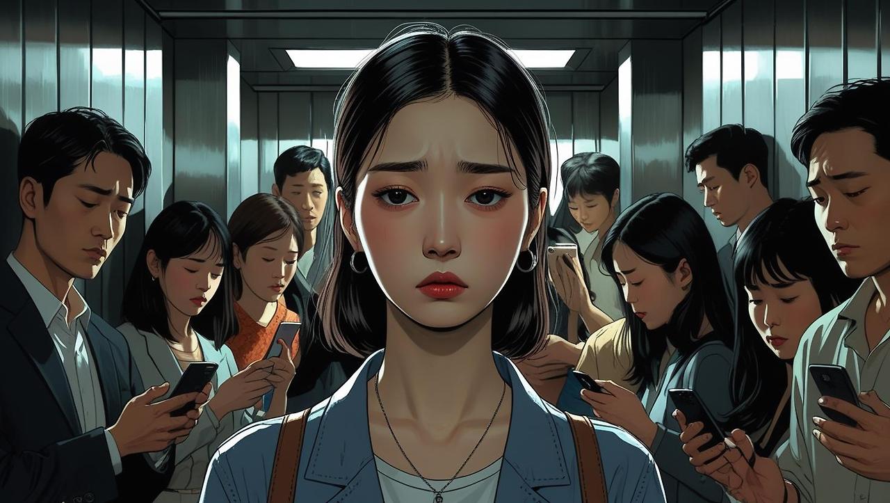 Draw a Korean woman with a melancholic expression, her eyes looking straight ahead, standing in a crowded elevator. The elevator is metallic and dimly lit, with various people of diverse ages and appearances subtly.jpg