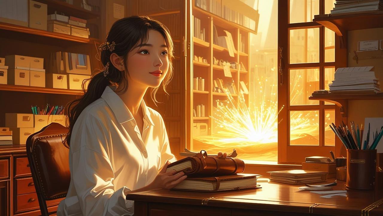 A young Asian woman, illuminated by warm, golden light streaming from a nearby window, sits quietly at a meticulously organized wooden desk.  She holds a worn leather-bound diary, its pages seemingly glowing so (1).jpg