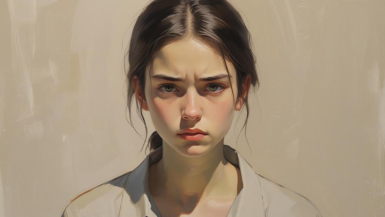 예쁜 여자가 어두운 표정을 짓고있는 모습 그려줘.jpg