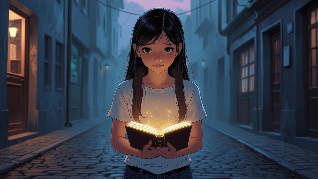 A young girl with long, dark hair, wearing a simple dress, stands alone in a quiet, cobblestone alley at dawn.  The air is hazy with the soft, ethereal glow emanating from a glowing diary she holds gently in her ha.jpg