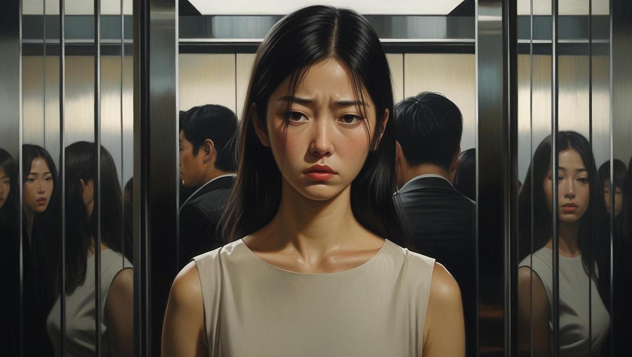 사람가득한 엘레베이터안에 우울한 표정을 짓고있는 한국여성 그려줘.jpg
