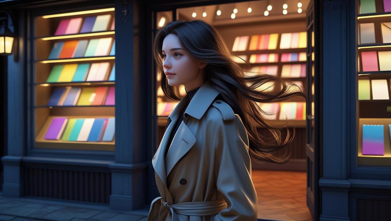 깜깜한 저녁 문구점은 환희 빛나고 있다 밖에서 그걸 지켜보고있는 여자 그려줘 (1).jpg