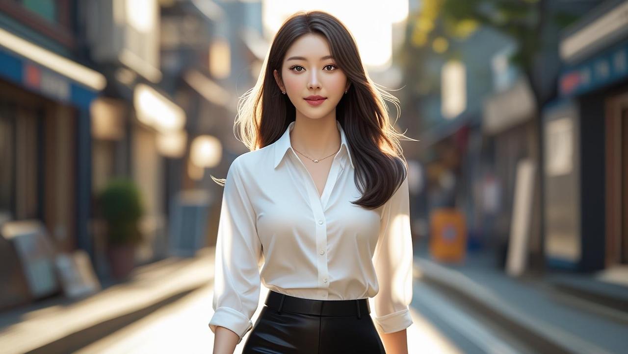 A full-body portrait of a beautiful Korean woman with a confident stride, wearing a crisp white blouse and sleek black pants. The setting is a sun-drenched city street, the light illuminating her from the side, cas.jpg