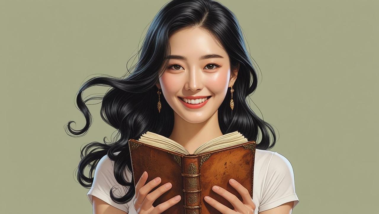 Draw a picture of a beautiful Korean woman with long, flowing black hair, styled in loose waves, holding a vintage leather-bound diary in her hands, a bright, genuine smile illuminating her face.  The setting is a .jpg