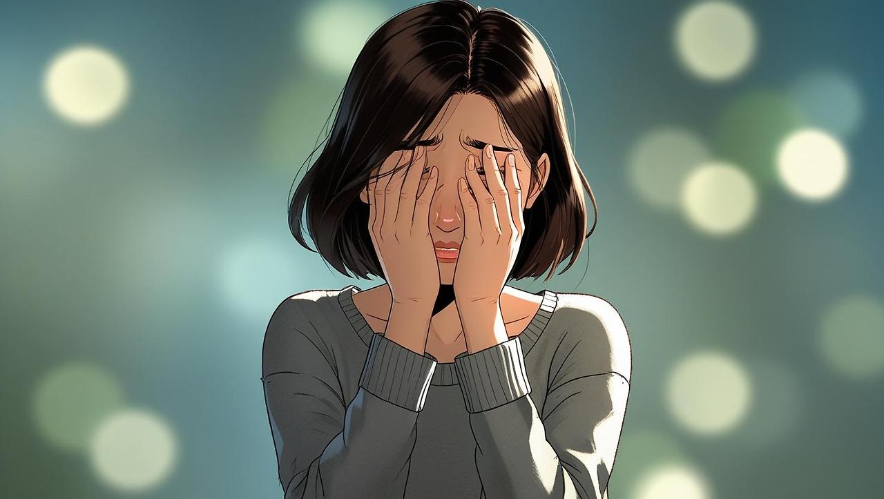 한여성이 손으로 얼굴을 감싸고 괴로워 하고 있는 애니메이션 그려줘 (1).jpg