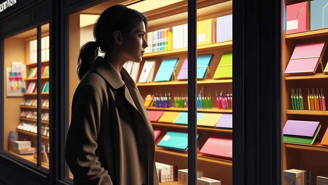 깜깜한 저녁 문구점은 환희 빛나고 있다 밖에서 그걸 지켜보고있는 여자 그려줘.jpg