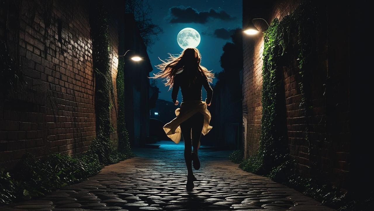 Create a dynamic scene depicting a woman wearing a stylish, wide-brimmed hat, her silhouette illuminated by flickering streetlights as she runs down a narrow, cobblestone alley under the night sky. The alley is fra.jpg
