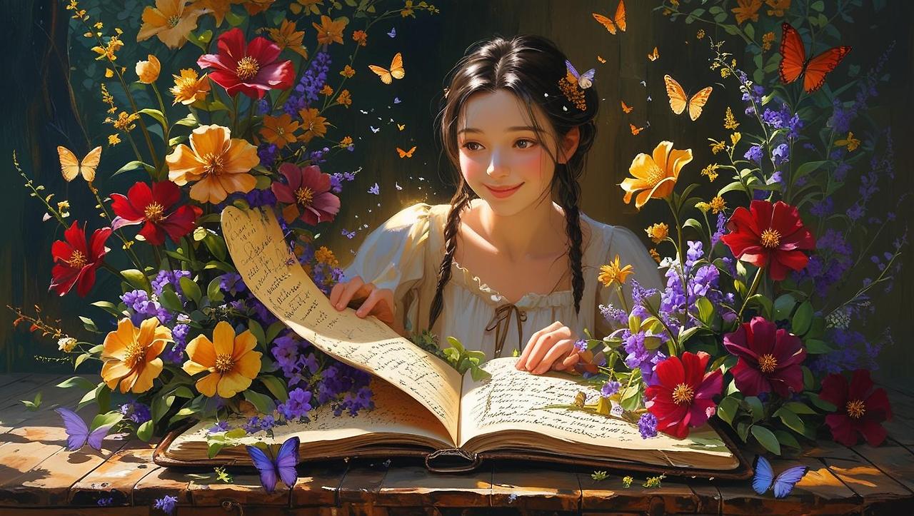 다이어리 안에서 피어나는 정원   _장면 설명_ 다이어리 페이지에서 꽃과 식물들이 피어남.____인물_ 책장을 넘기며 미소 짓는 여성.____포인트_ 다이어리 = 생명력의 공간. 과거의 슬픔도 아름다움으로 피어난다는 은유. (1).jpg