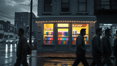 어두운 도시, 빛나는 문구점 앞   _장면 설명_ 회색빛 도시 풍경. 차갑고 무표정한 사람들 사이, 따뜻한 빛이 새어 나오는 작은 문구점.jpg