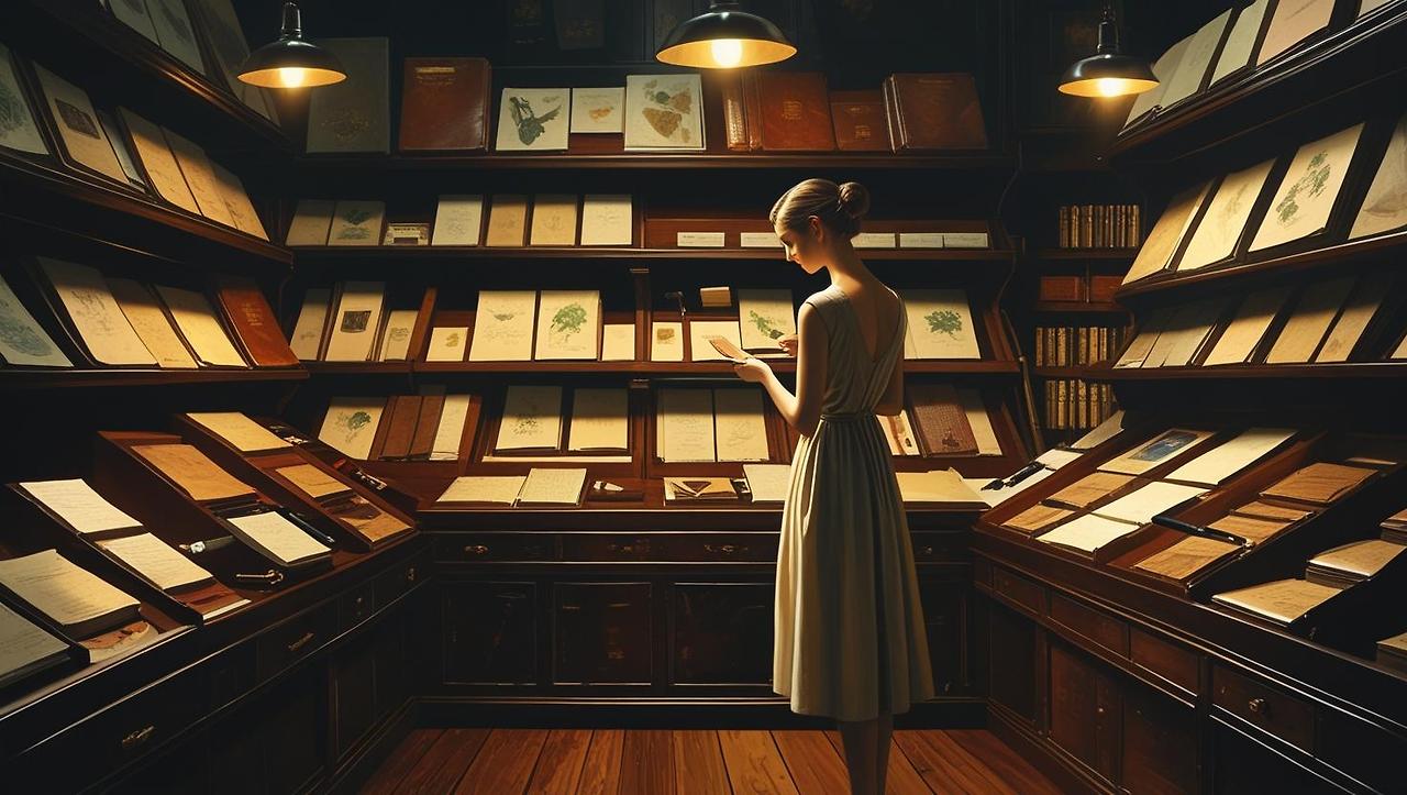 조용한 저녁 신비한문구점에서 빛이난다 머리를 묶은 여자가 문구점을 보고있다.jpg