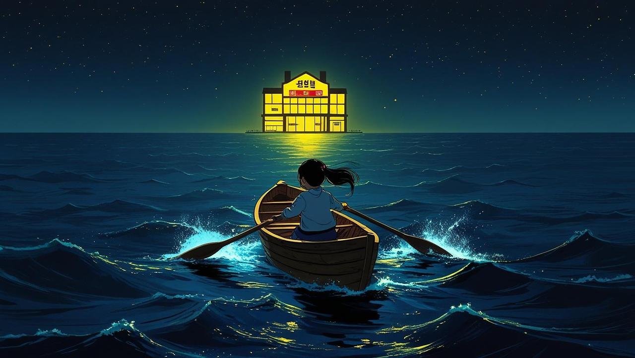 한국소녀가 깜깜한 바다에서 혼자 보트를 타고 노를 젓고있고 저기 멀리서 빛이 보이는 문구점이 떠다니고있다 그소녀는 있는힘껏 노를 저어 바다에 떠다니는 문구점에 가고싶지만 문구점은 점점 멀어진다..jpg