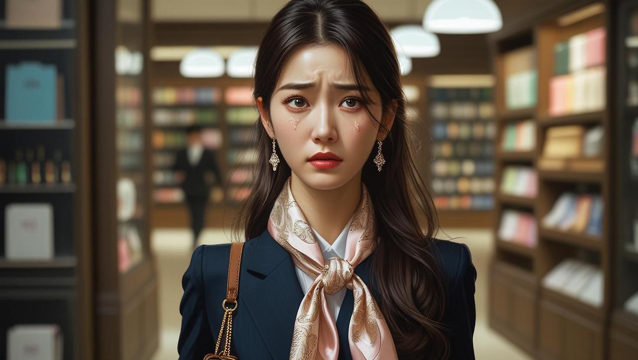 A portrait of a confident, elegantly dressed young and pretty Korean woman walking with purpose, wearing a silk scarf and a luxurious handbag; painted in a photorealistic style with rich, warm colors and a shallow .jpg
