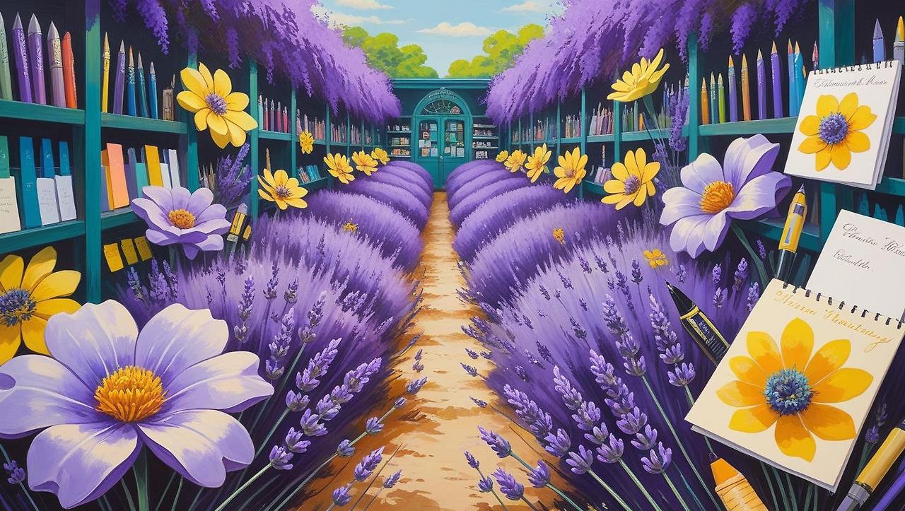 문구점 뒤쪽에 숨겨진 정원이 있고,_라벤더 들판이 펼쳐져 있으며 그 사이사이에 펜, 노트, 카드가 자라나듯 피어있다..jpg