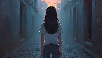 A young girl with long, dark hair, wearing a white t-shirt and jeans, stands alone in a quiet, cobblestone alley at dawn. The air is hazy with the soft, ethereal glow emanating from a glowing diary she holds gently.jpg