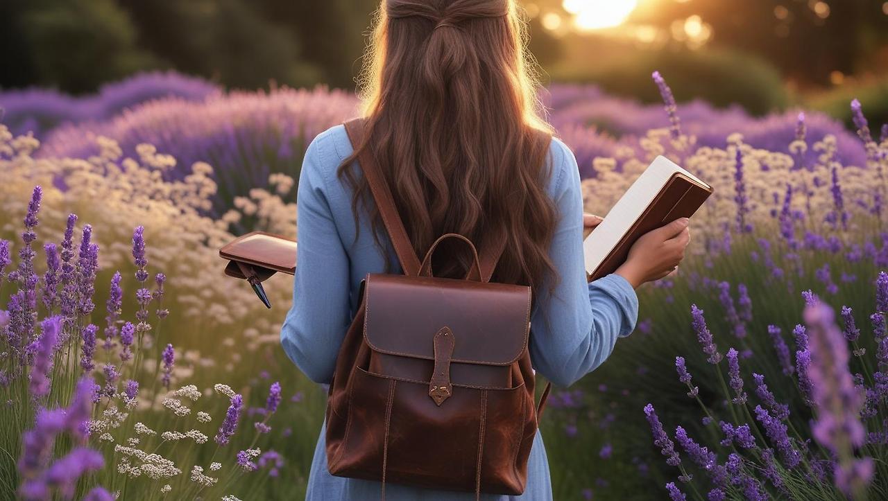 라벤더와 안개꽃이 가득한 정원에서 긴머리를 가진 여자의 뒷모습 그려줘  뒷짐을 지고 있는손에는 노트와 펜이 들려있어.jpg