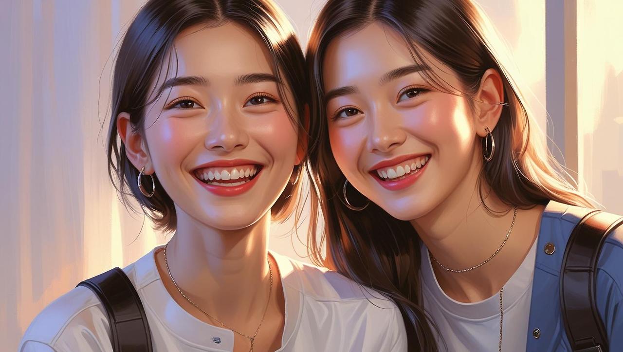 한국의 예쁜 두 자매가 웃고있는 모습 그려줘 나이는 22살정도.jpg