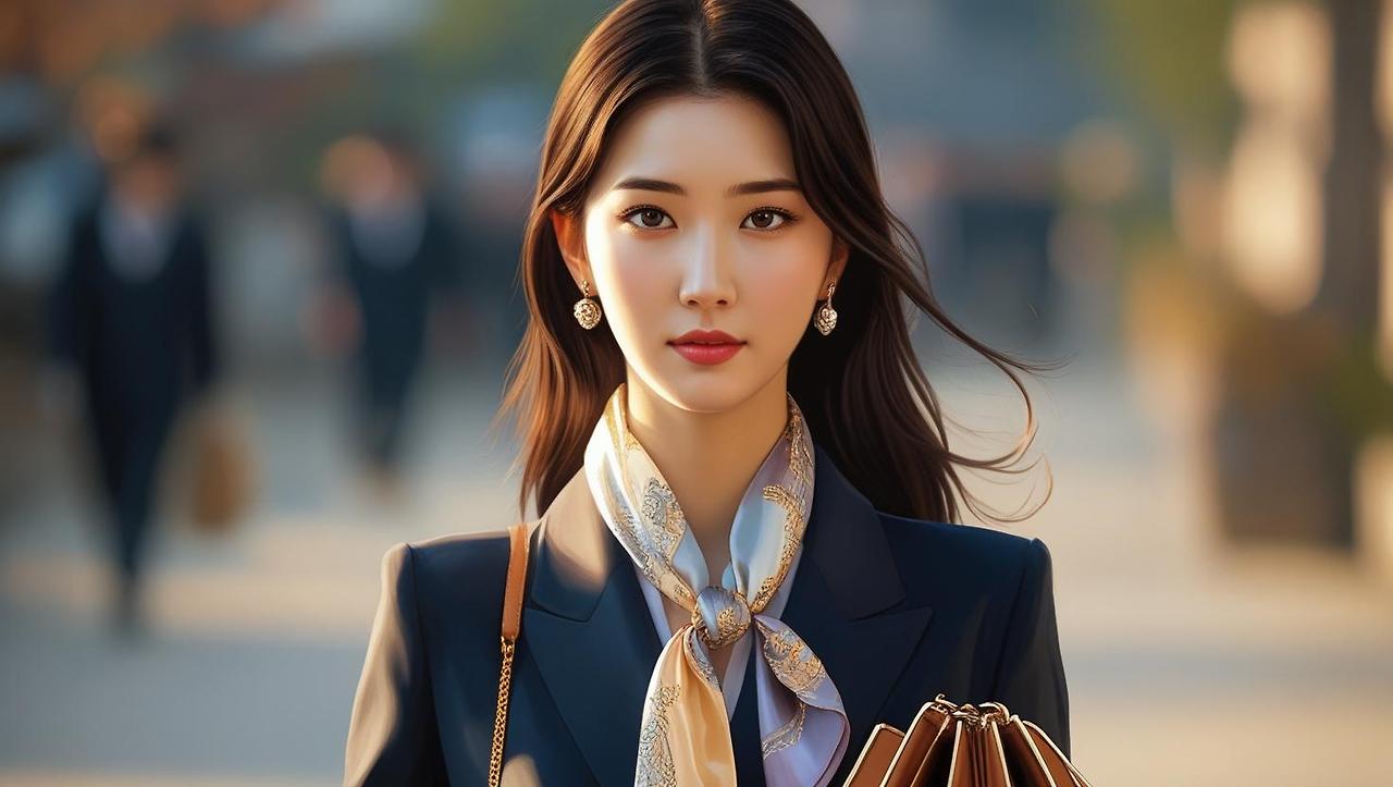 A portrait of a confident, elegantly dressed younger woman walking with purpose, wearing a silk scarf and a luxurious handbag; painted in a photorealistic style with rich, warm colors and a shallow depth of field, .jpg