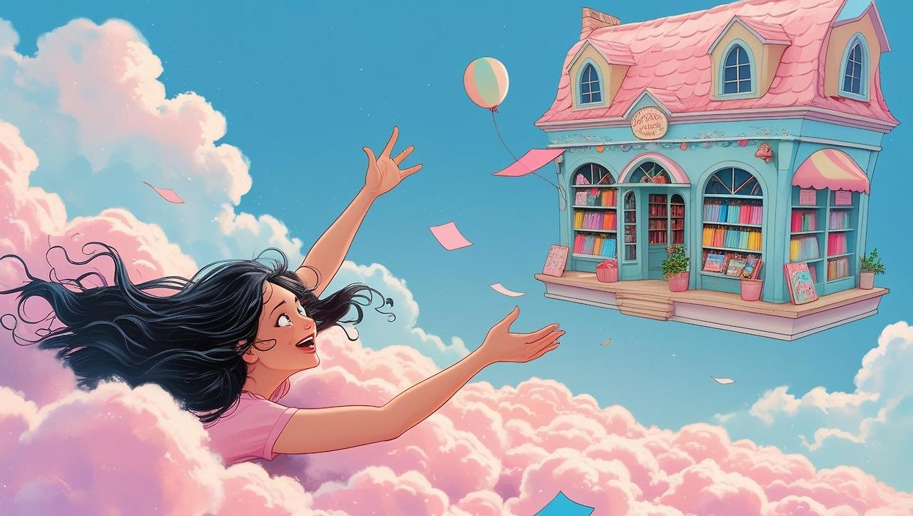 A woman with flowing black hair, animatedly reaching out with an anxious, eager face, lies on a field of fluffy, pastel-pink clouds resembling cotton candy. Her arm is outstretched towards a whimsical floating  (1).jpg