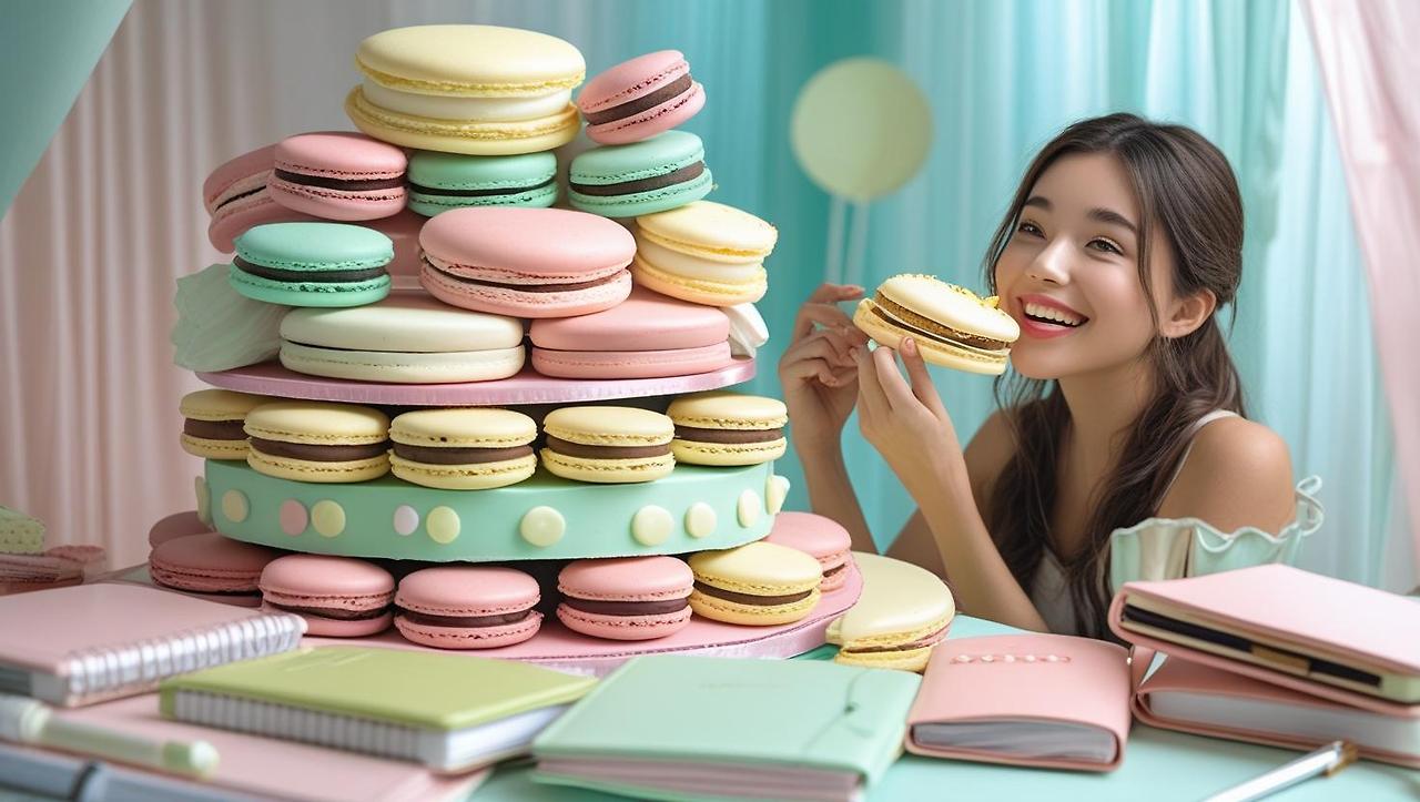 케이크가 된 문구의 조각들   _장면_ 마카롱 컬러의 노트, 펜, 다이어리가 층층이 케이크가 되어 있음____여성_ 환하게 웃으며 케이크 한 입 먹는 모습____느낌_ ‘이제 나는 희망을 무서워하지 않고 받아들인다’____색감_ 처음으로 진짜 화사한 톤 사용 (분홍, 아이보리, 민트 등)____연출_ 배경은 부드러운 테이블 or 공중에서 차려진 다과회 같은 장면 (1).jpg