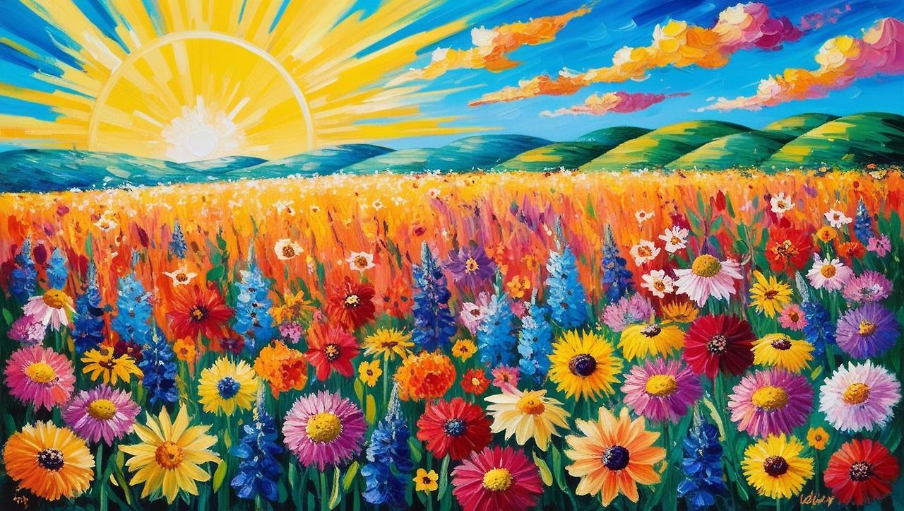 A visually appealing, vibrant and colorful landscape painting in the style of impressionism, featuring a sun-drenched field of wildflowers under a bright blue sky, with rolling hills in the background..jpg