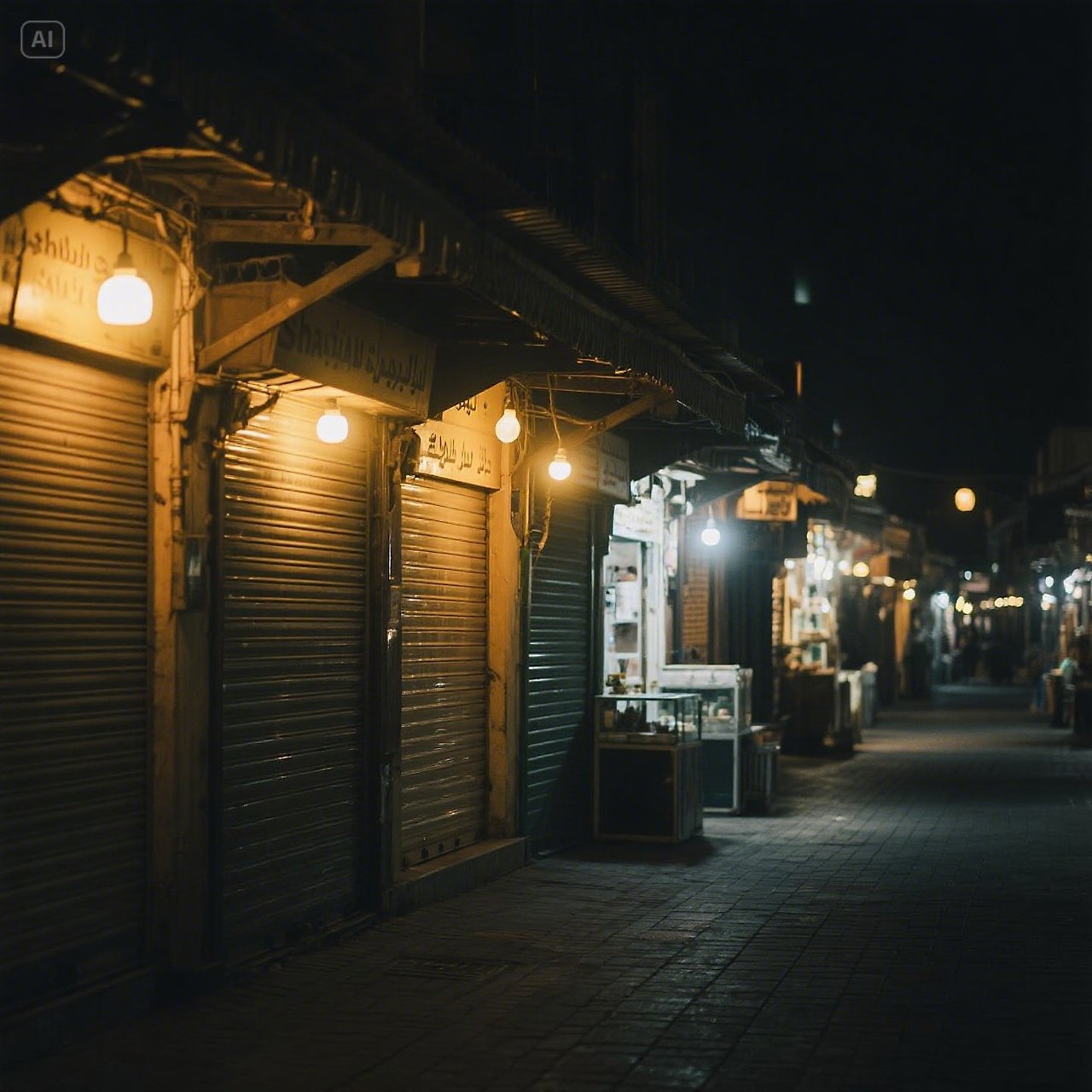 jimeng-2025-05-16-168-_Quiet Market Lights at Night_밤이 내린 샤르자 수크(souk), 노란 전구 조명 아래 닫힌 상점들적막한 분위기와 함....jpg