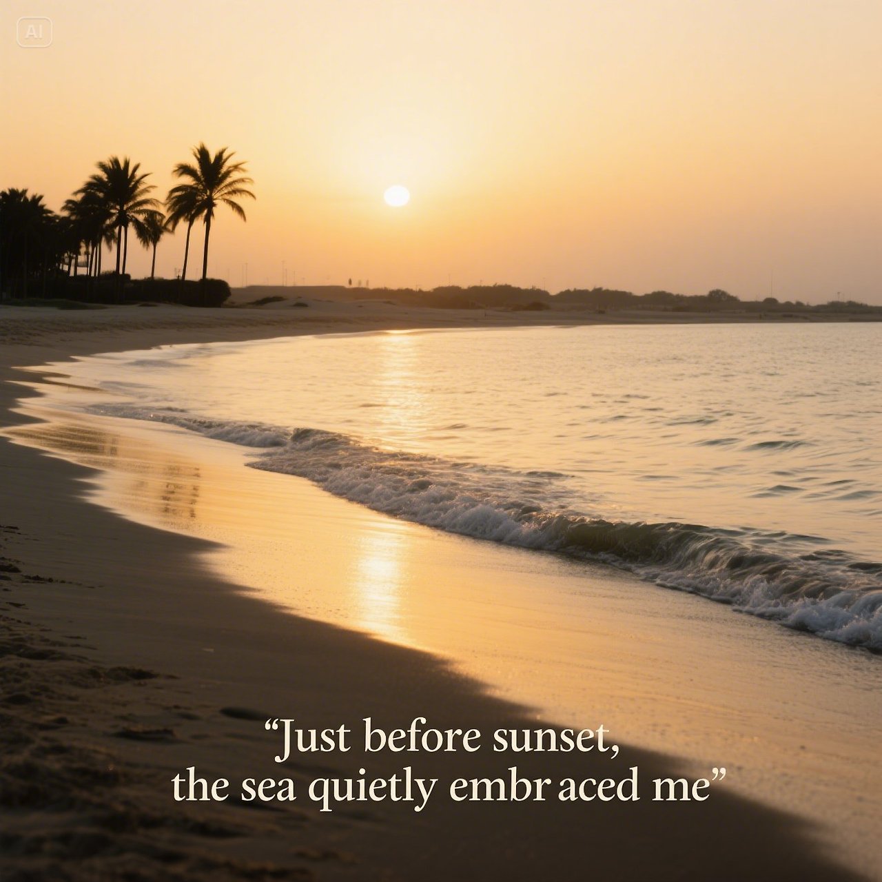 jimeng-2025-05-15-456-Prompt_ A quiet beach at sunset in Abu Dhabi (Bateen Beach), golden sky reflec....jpg