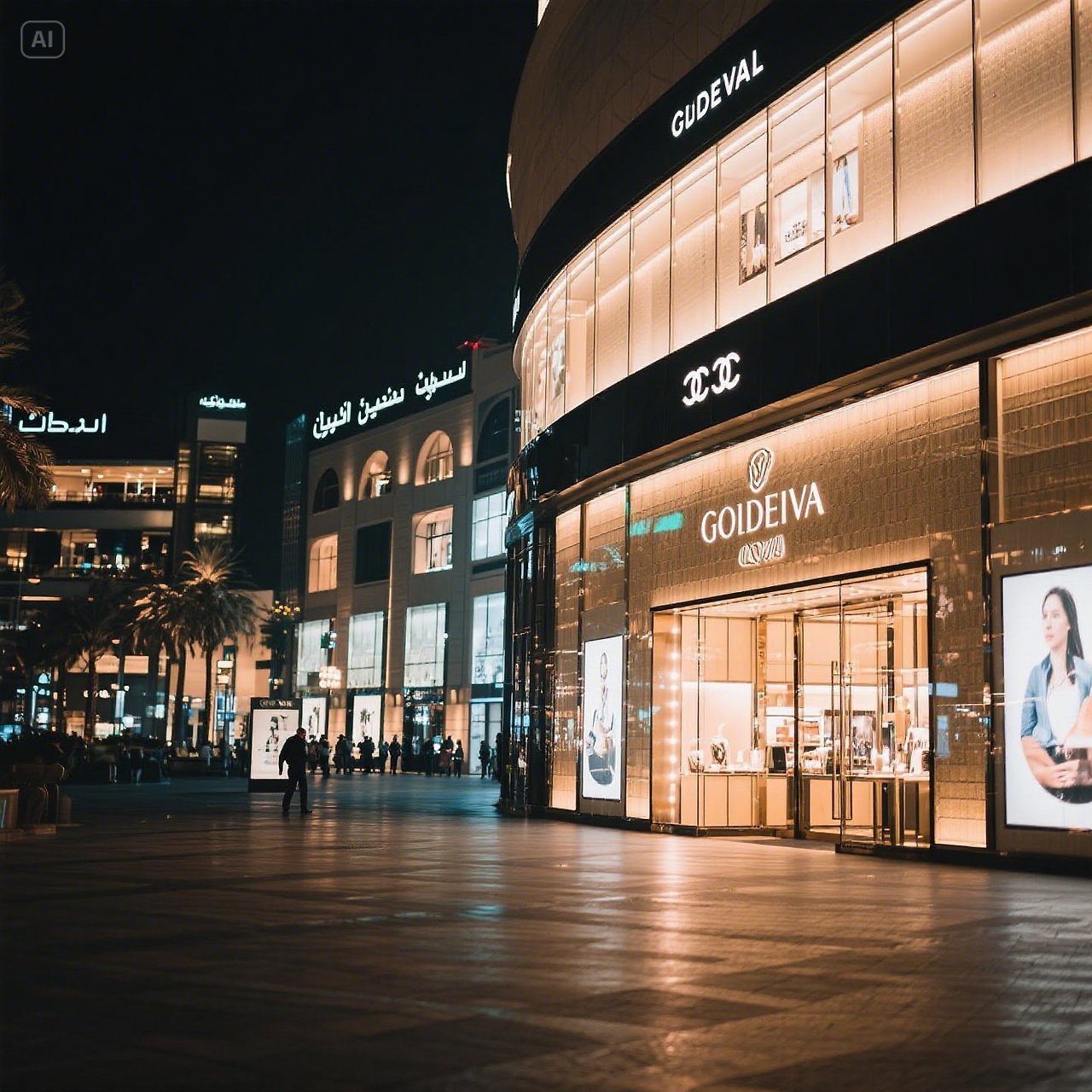 jimeng-2025-05-17-318-Dubai Mall luxury storefronts at night, Chanel and Godiva visible, bustling ye....jpg
