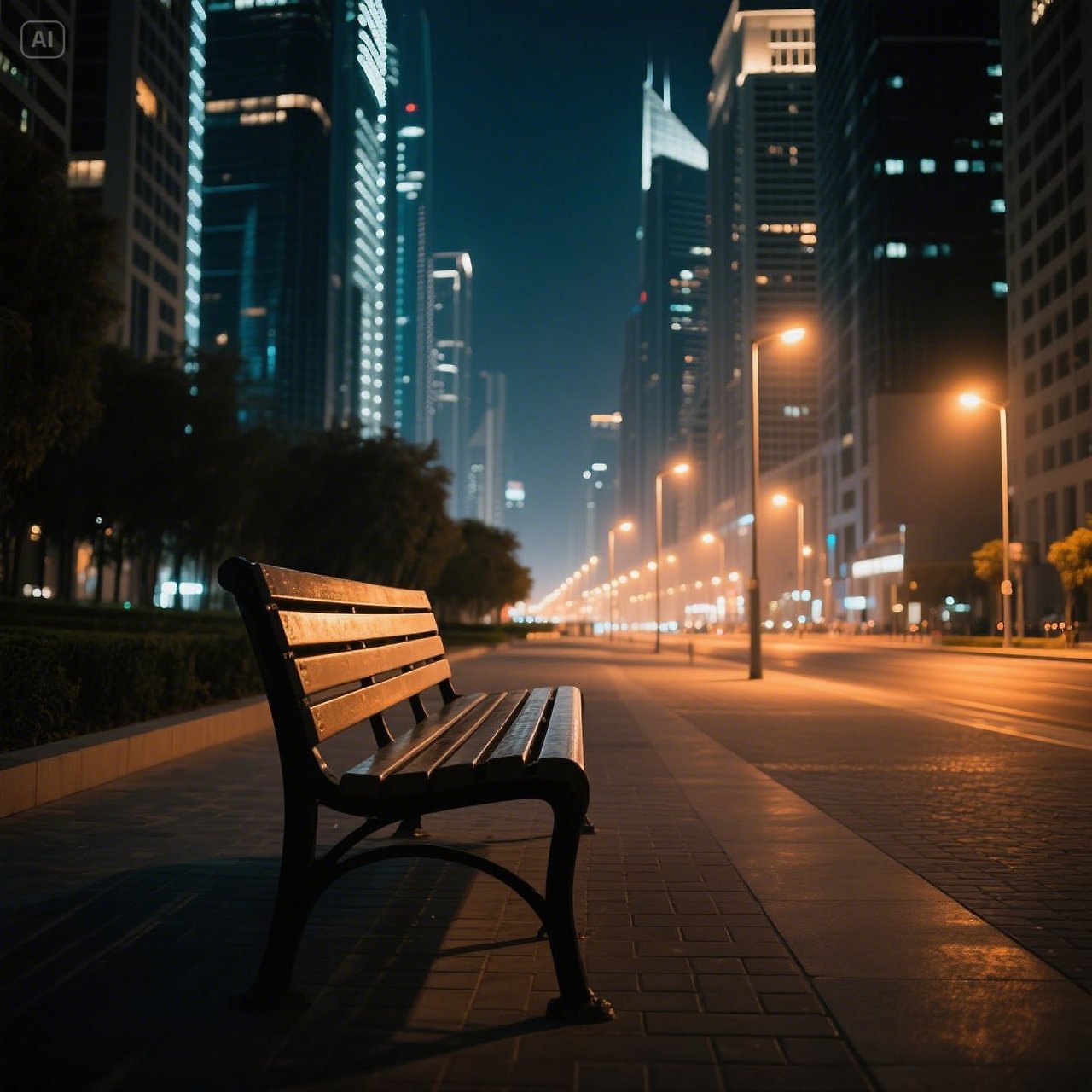 jimeng-2025-05-17-312-A peaceful night bench between Dubai skyscrapers, warm streetlights, quiet sha....jpg