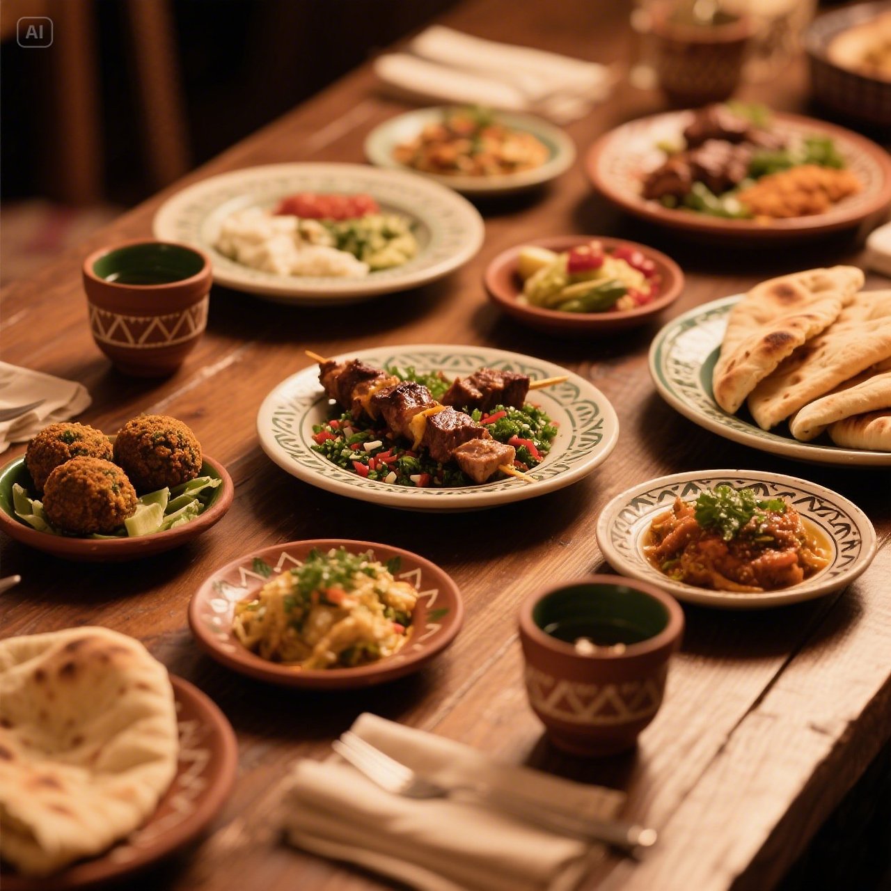 jimeng-2025-05-16-167-_Lebanese Mezze Dinner_무탄잔, 팔라펠, 타불레, 양고기 케밥, 피타 빵이 정갈히 담긴 테이블나무 테이블, 따뜻한 조명 아....jpg