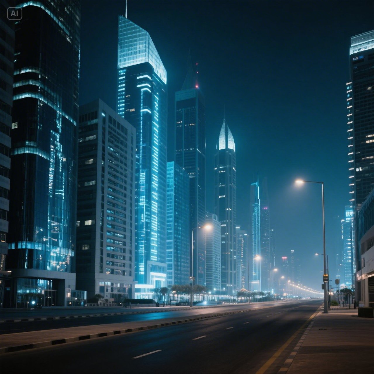 jimeng-2025-05-17-321-Cityscape of Downtown Dubai at night, glass buildings glowing, calm streets, s....jpg