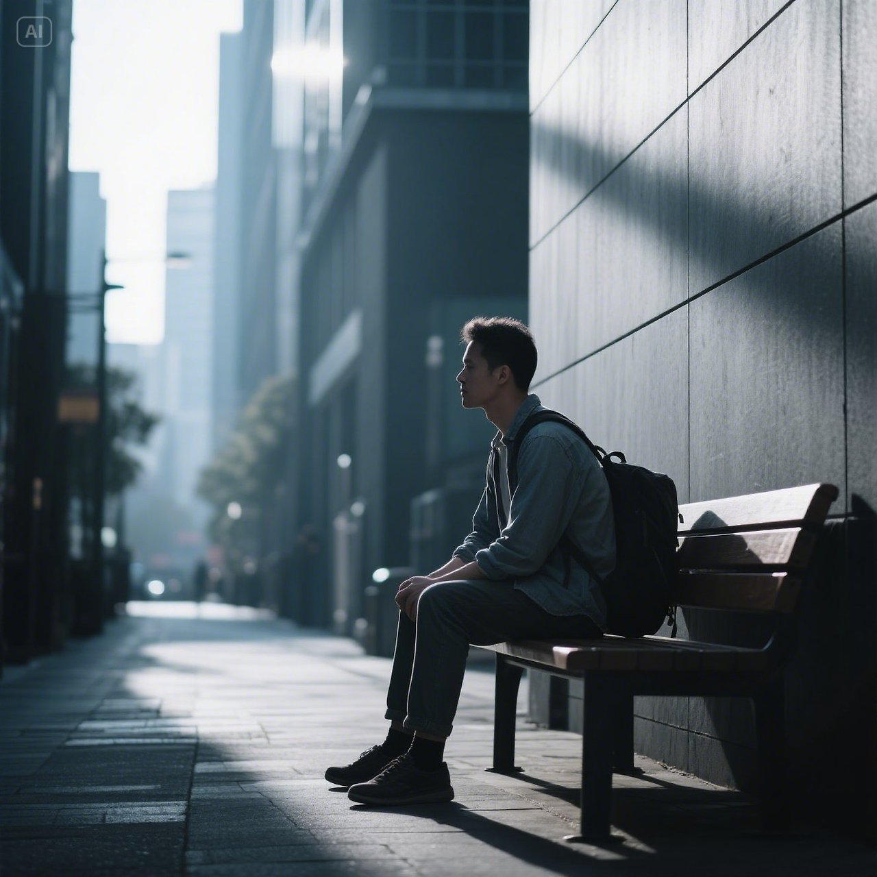 jimeng-2025-05-17-315-A lonely traveler sitting on a bench in a modern city alley, light and shadow ....jpg