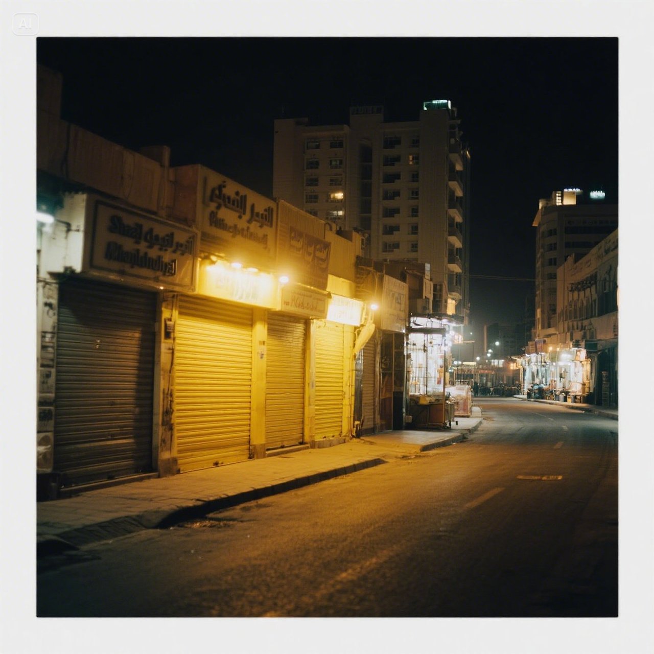 jimeng-2025-05-16-170-_Quiet Market Lights at Night_밤이 내린 샤르자 수크(souk), 노란 전구 조명 아래 닫힌 상점들적막한 분위기와 함....jpg