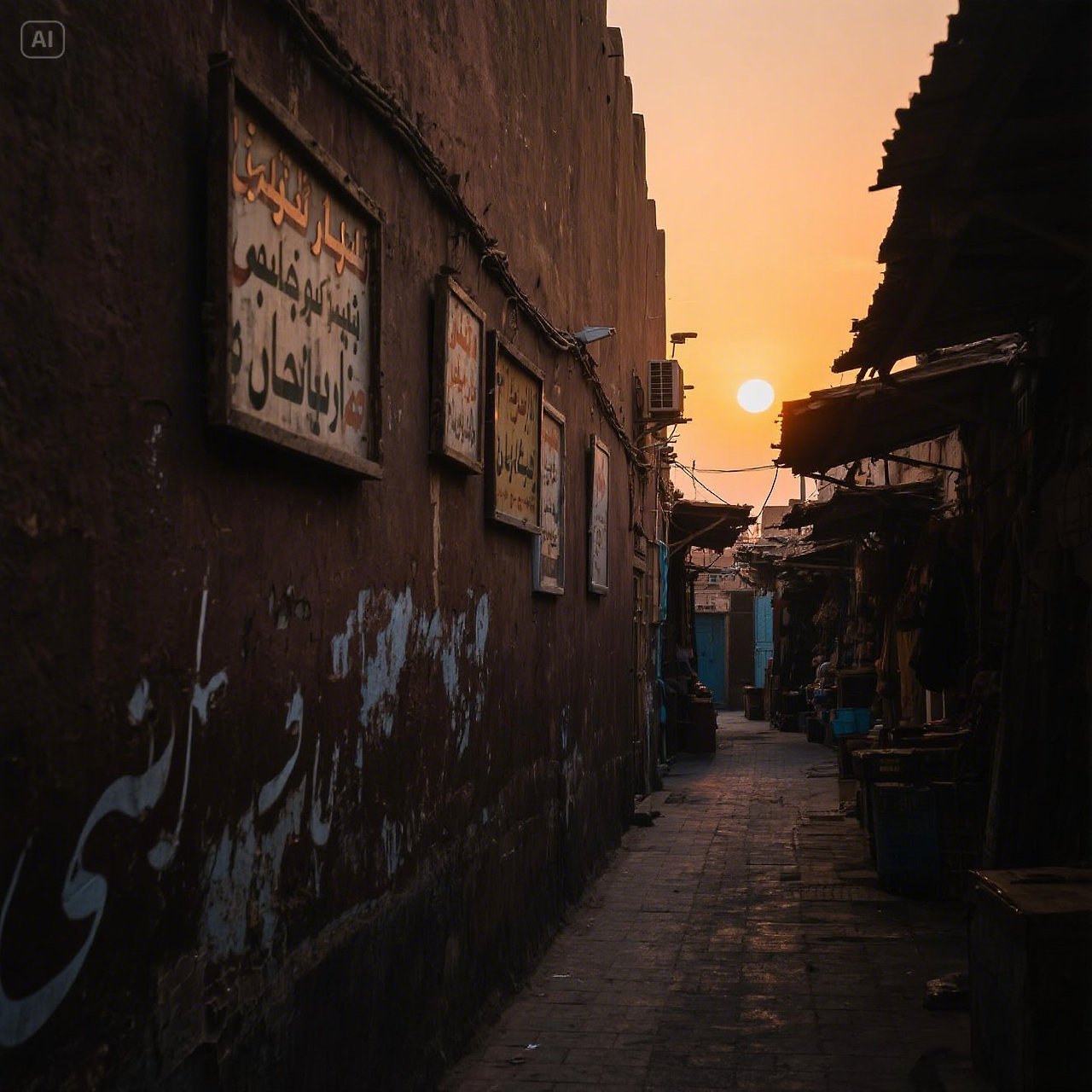 jimeng-2025-05-16-164-_Sharjah Sunset Alleyway_노을빛이 번지는 샤르자의 오래된 골목길흙빛 벽, 낡은 간판, 조용한 시장 뒷골목따뜻한 공기와 잔....jpg
