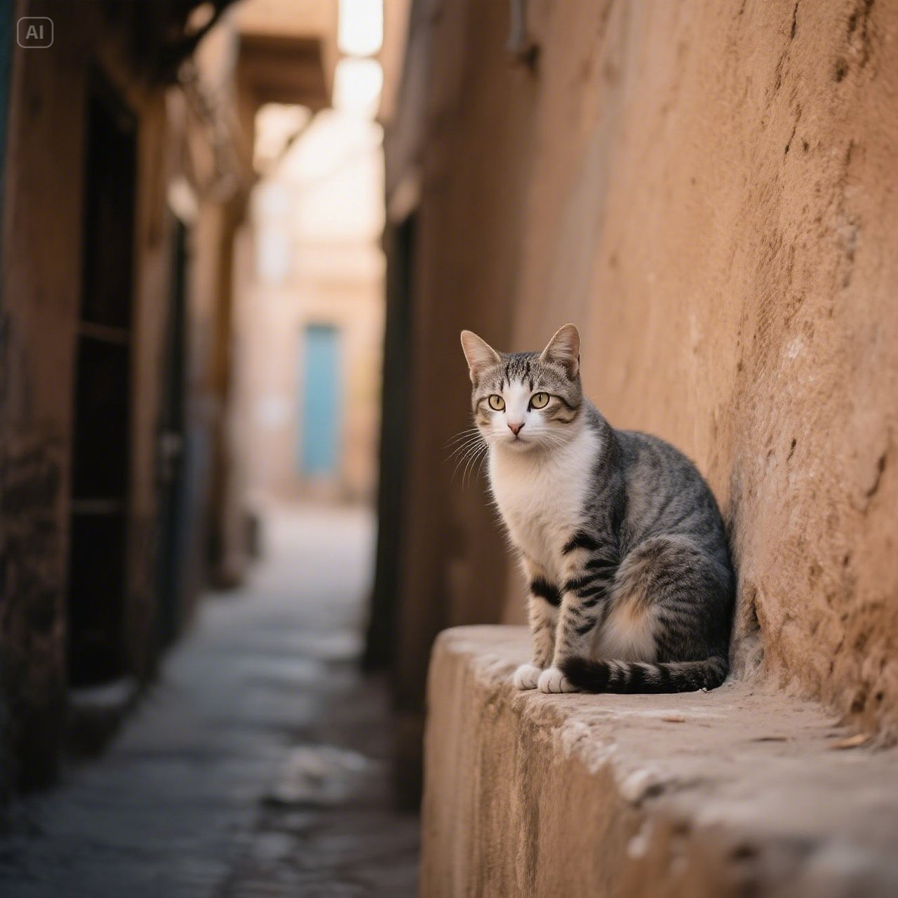 jimeng-2025-05-16-166-_Arabic Street Cat on Ledge_낮은 담벼락 위에 앉아 조용히 바라보는 고양이회색+흰색 털, 선명한 눈빛, 배경은 어스름한....jpg