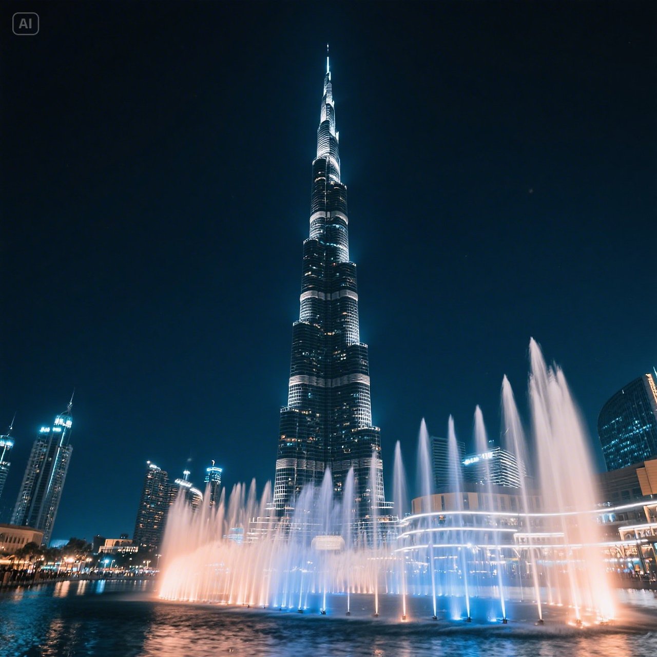 jimeng-2025-05-17-314-Burj Khalifa shining in the night sky, Dubai Fountain show with water jets and....jpg