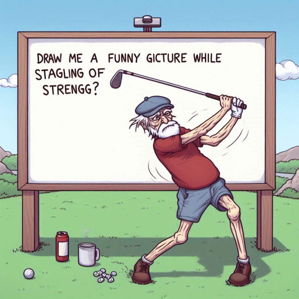 사본 -힘이 없어 휘청거리는 상태에서 골프스윙하는 모습을 웃기게 그려줘.jpg