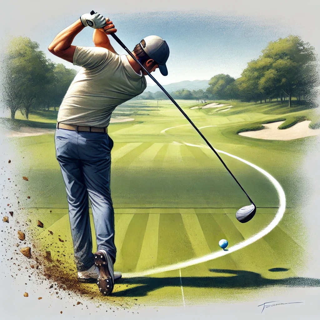 DALL·E 2025-01-23 15.15.14 - A realistic illustration showing a golf swing that results in a slice. The golfer is depicted mid-swing, with their body slightly out of alignment, ca.jpg