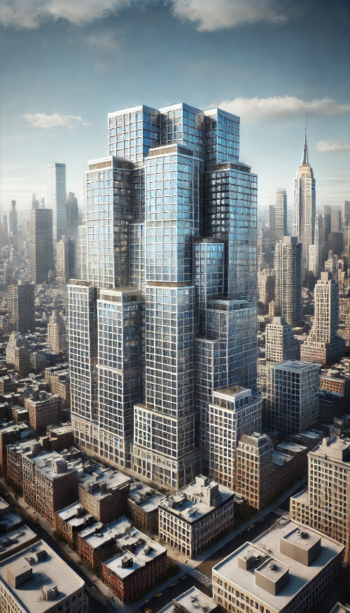 DALL·E 2024-11-06 20.15.07 - A hyper-realistic depiction of a tall skyscraper in New York City with many large windows. The building is set against a city skyline, capturing the i.jpg