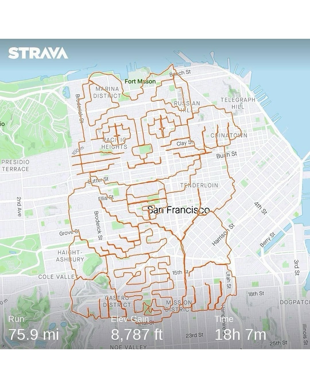 매년 새해 목표 중에 ‘운동’은 빠지지 않고 등장합니다  누구나 쉽게 시작할 수 있는 운동으로는 시간과 장소의 제약이 적은 러닝이 여전히 인기를 끌고 있는데요. 작심삼일러를 위해 러닝에 흥미를 붙여줄 계정을 발견했습니다. 마라토너 겸 스트리트 아티스트 레니 모건은 샌프란시스코 일대를 캔버스 삼아 스트리바 앱의 경로 기록 기능을 활용해 지도 위에 그림을 그립니다  그의 발은 붓 (1).jpg