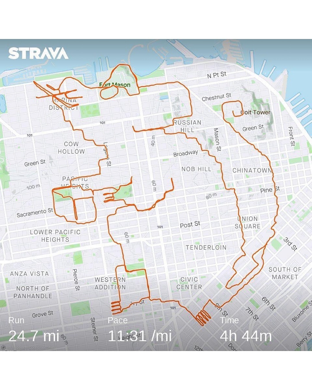 매년 새해 목표 중에 ‘운동’은 빠지지 않고 등장합니다  누구나 쉽게 시작할 수 있는 운동으로는 시간과 장소의 제약이 적은 러닝이 여전히 인기를 끌고 있는데요. 작심삼일러를 위해 러닝에 흥미를 붙여줄 계정을 발견했습니다. 마라토너 겸 스트리트 아티스트 레니 모건은 샌프란시스코 일대를 캔버스 삼아 스트리바 앱의 경로 기록 기능을 활용해 지도 위에 그림을 그립니다  그의 발은 붓 (2).jpg