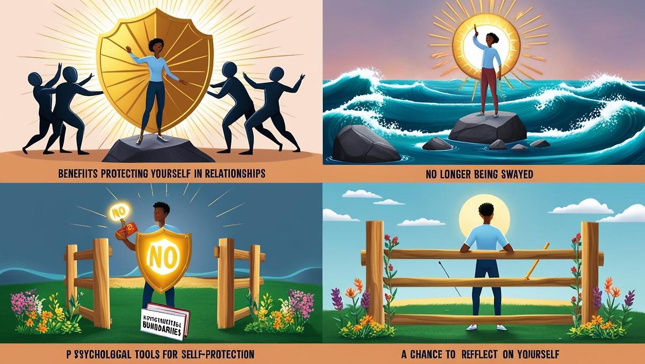 Create a single, cohesive image that visually represents four key benefits of dealing with toxic people and fostering healthier relationships, titled _Benefits of Protecting Yourself in Relationships._ The image sh.jpg